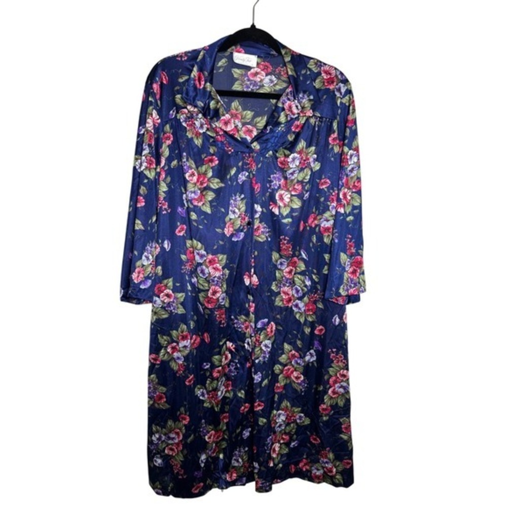 Vanity Fair Vintage Floral Button Front Robe Navy Nylon Tricot M - Picture 2 of 6